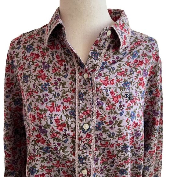 Lauren Ralph Lauren Floral + Crochet Lace Trim Long Sleeve Button Front Blouse - Picture 2 of 7